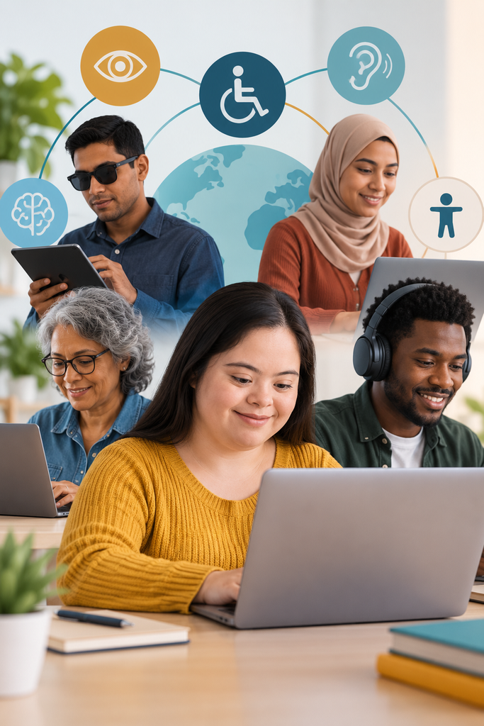 Diverse adult learners using laptops and tablets, with accessibility symbols representing visual, hearing, physical, and cognitive access.